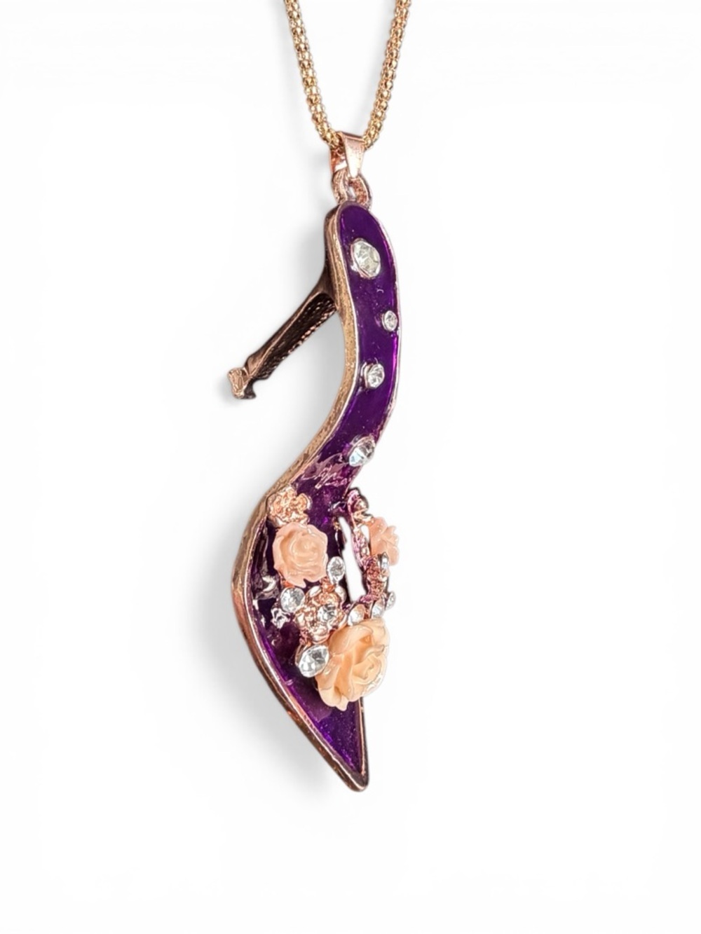 Betsey Johnson Purple Enamel Rose Crystal Mule Heel Pendant Necklace NWT - Picture 3 of 8